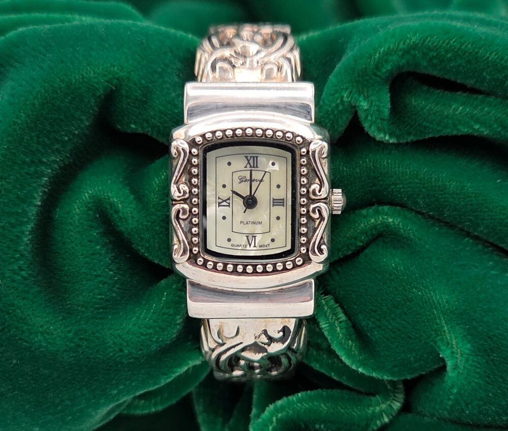 Vintage Geneva Platinum Cuff Watch Silver Tone Celtic Scroll Bangle WORKING